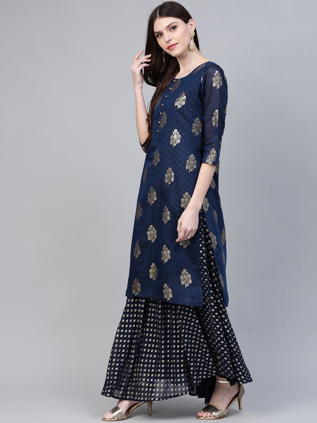 Women's Navy Blue Chanderi Silk Printed Kurta With Attached Gown