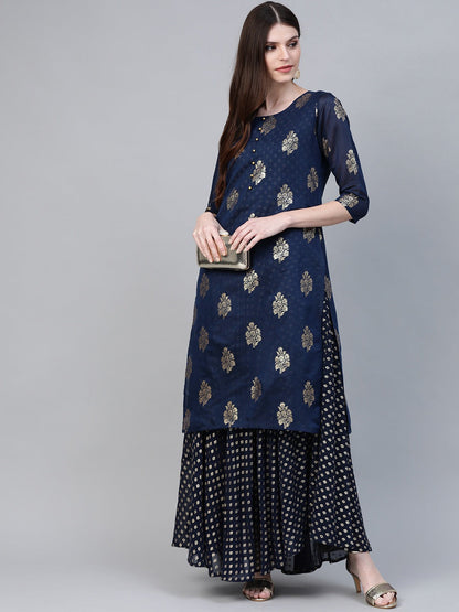 Women's Navy Blue Chanderi Silk Printed Kurta With Attached Gown