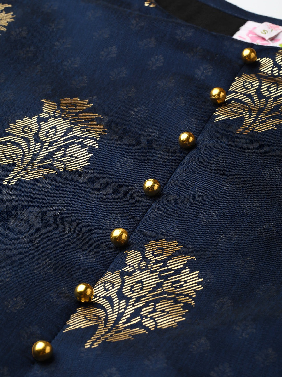 Women's Navy Blue Chanderi Silk Printed Kurta With Attached Gown