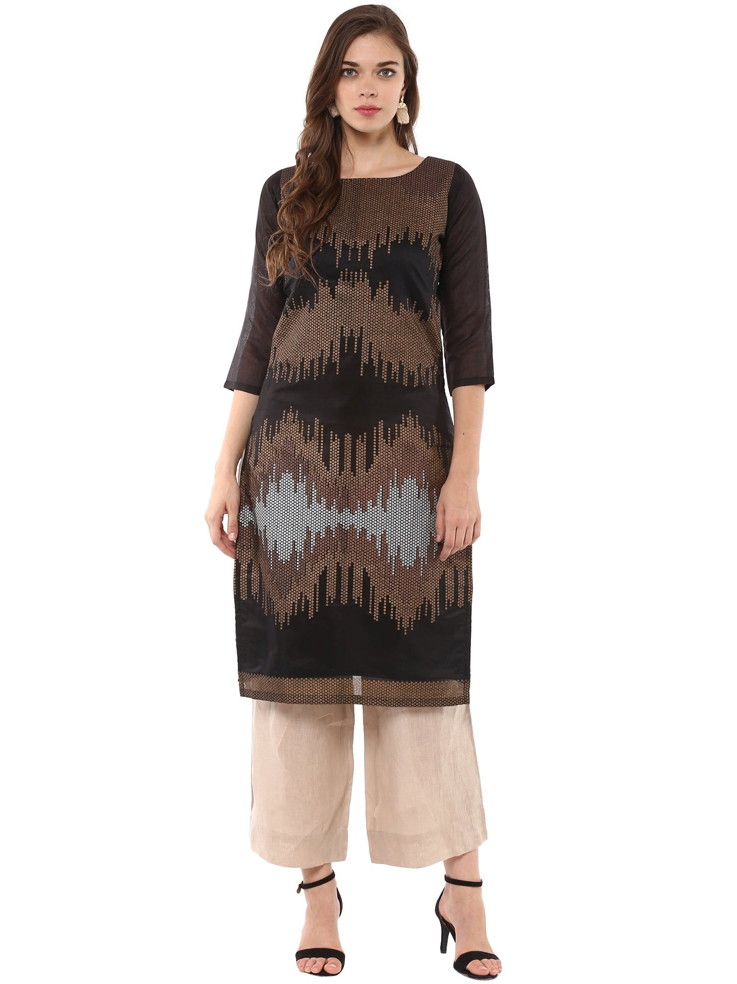 Women's Black Gold Copper Metallic Printed Party Wear Only Kurta
