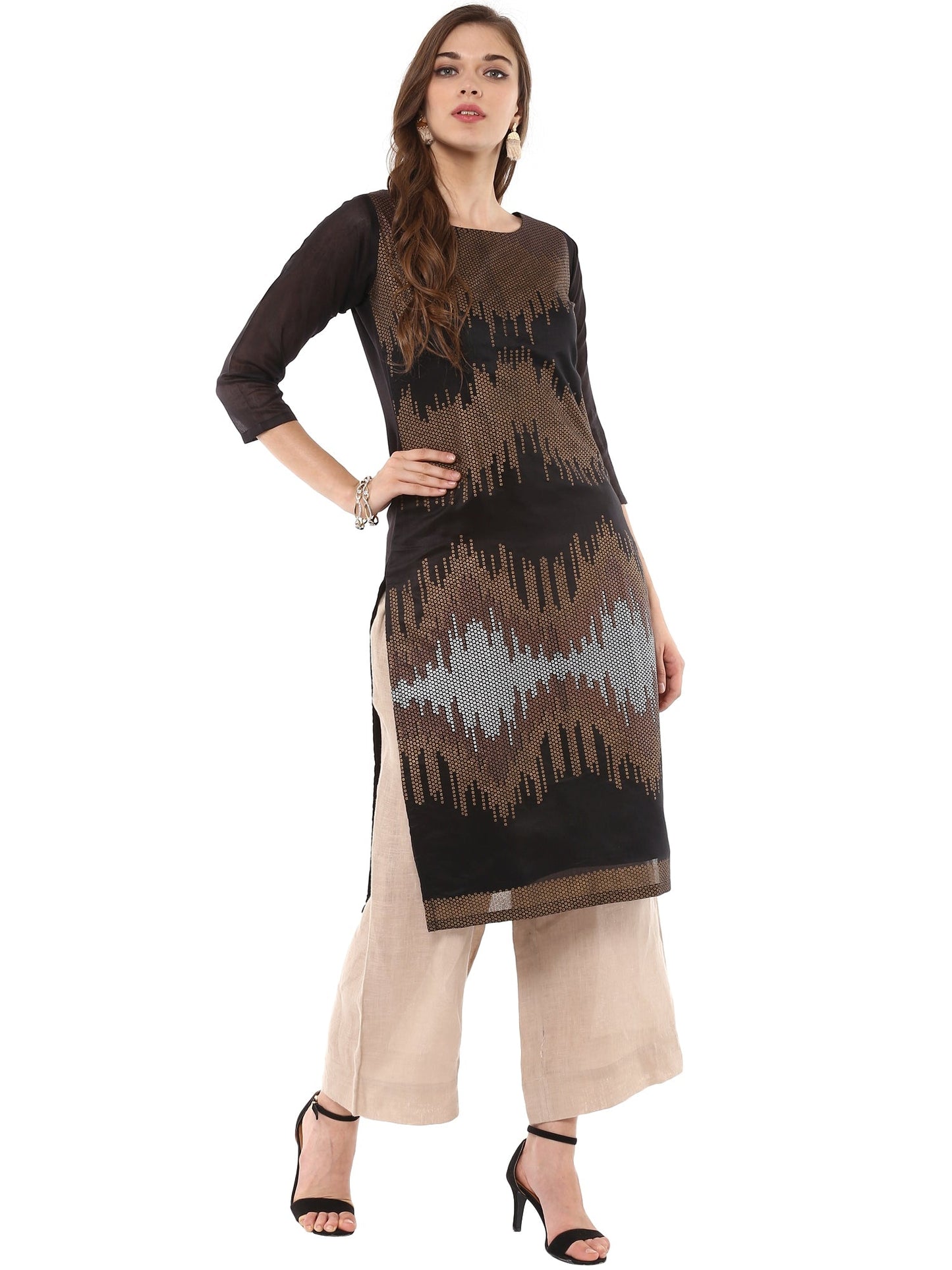 Women's Black Gold Copper Metallic Printed Party Wear Only Kurta