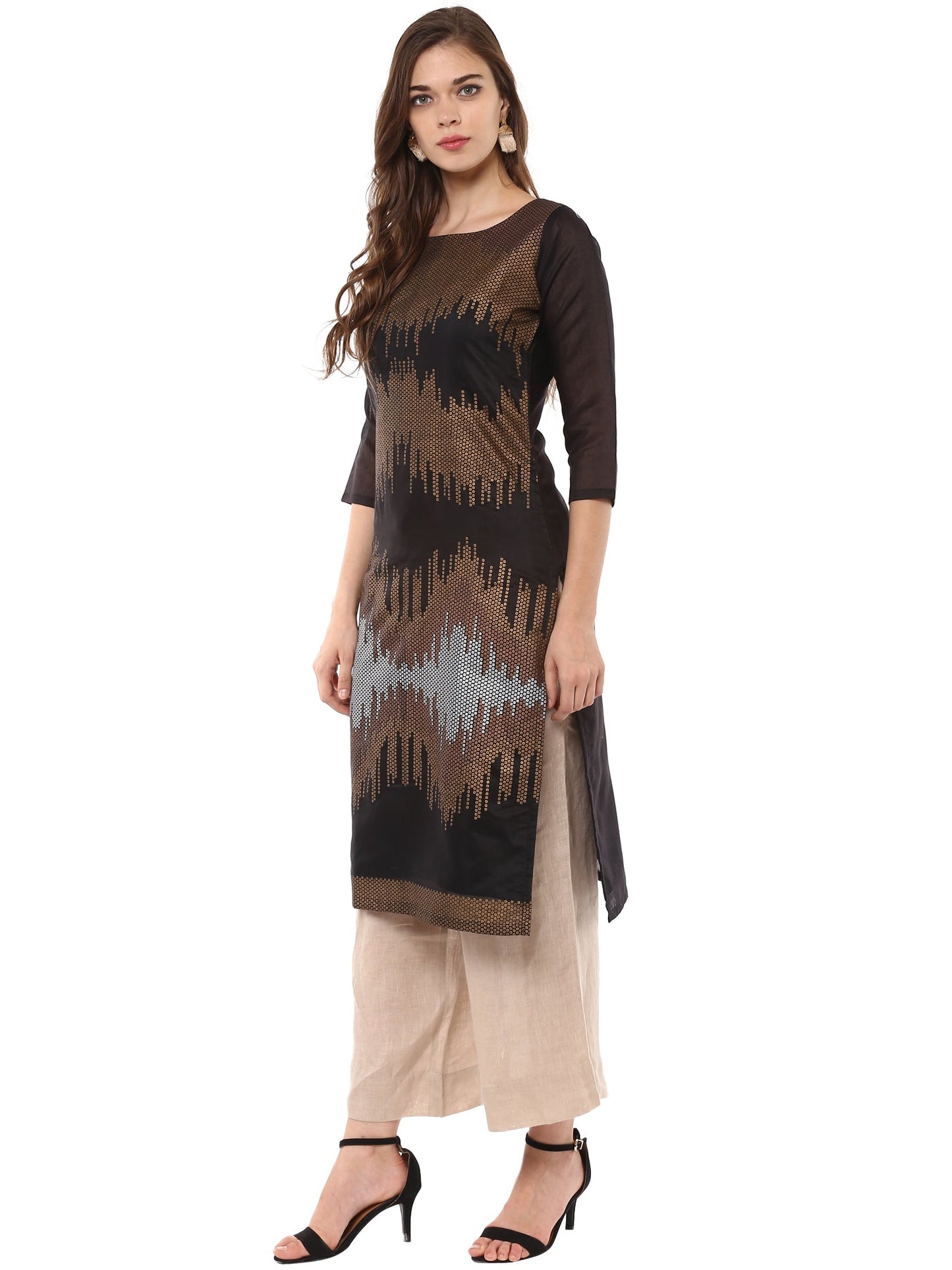 Women's Black Gold Copper Metallic Printed Party Wear Only Kurta