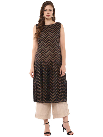 Women's   Black Party Wear Metallick Gold Copper Print Chevron Only Kurta