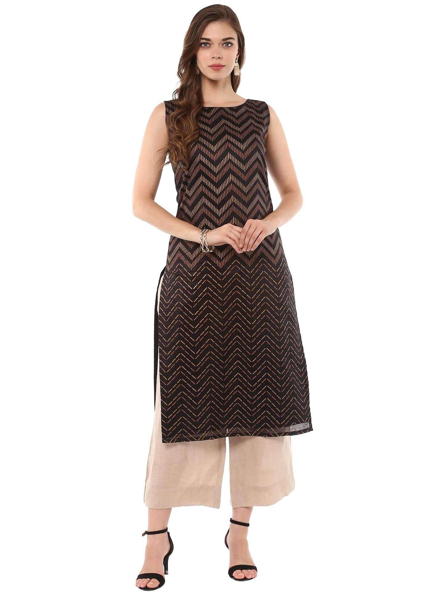Women's   Black Party Wear Metallick Gold Copper Print Chevron Only Kurta