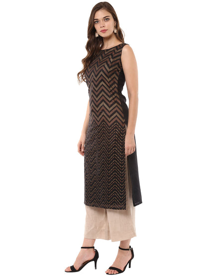 Women's   Black Party Wear Metallick Gold Copper Print Chevron Only Kurta