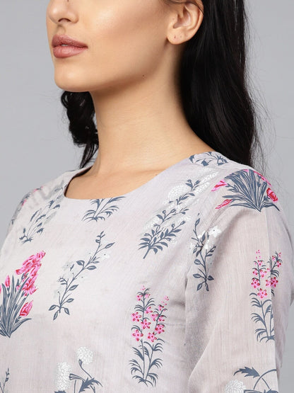 Women's  Grey & Pink Floral Printed Layered Front Slit Maxi Dres