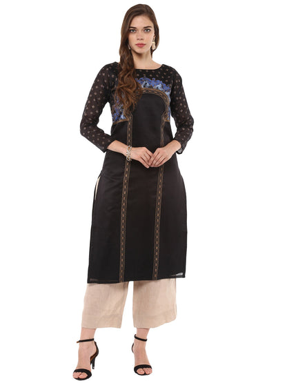 Women's Black And Gold Print Chanderi Full Sleeves Only Kurta