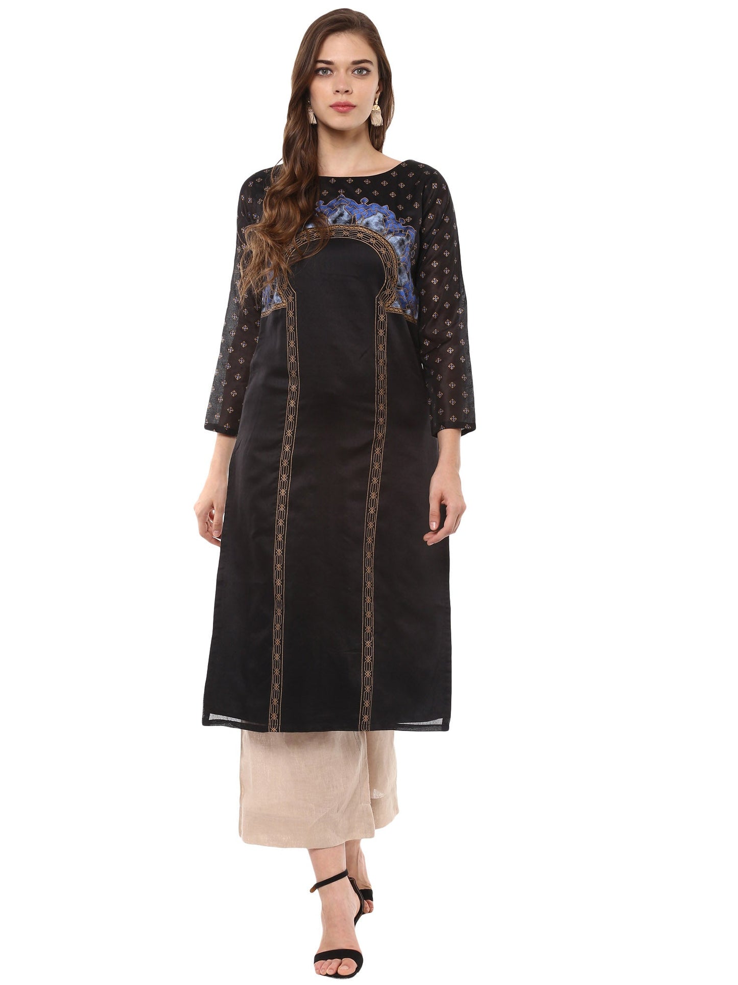 Women's Black And Gold Print Chanderi Full Sleeves Only Kurta