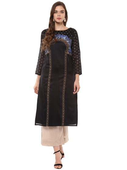 Women's Black And Gold Print Chanderi Full Sleeves Only Kurta