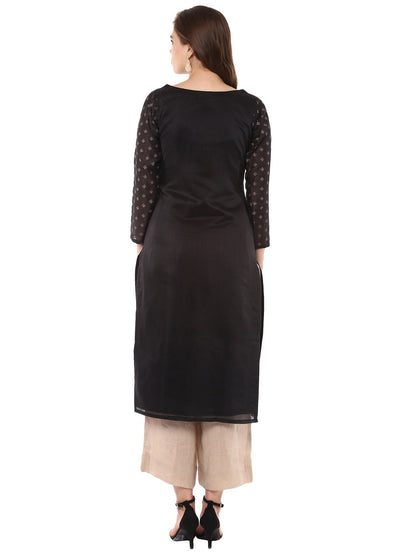Women's Black And Gold Print Chanderi Full Sleeves Only Kurta