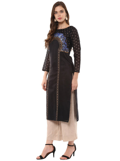 Women's Black And Gold Print Chanderi Full Sleeves Only Kurta