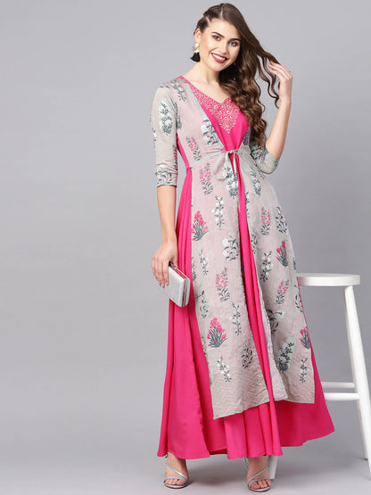 Women's Grey & Pink Floral Print Layered Anarkali Kurt