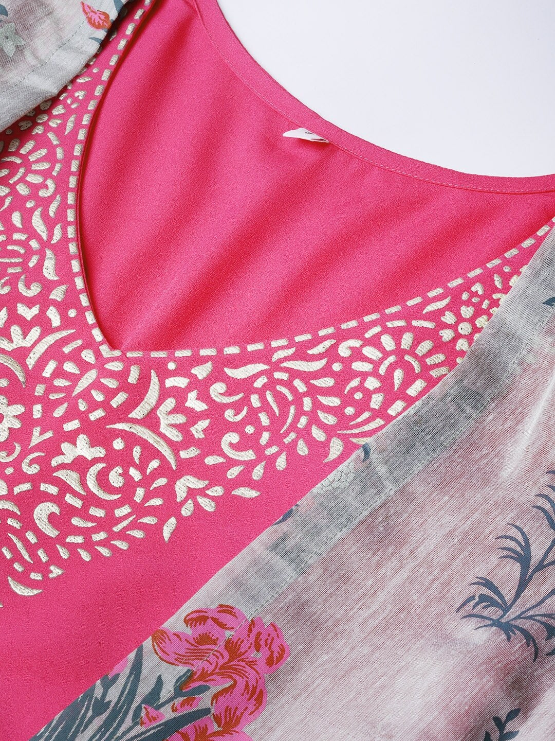 Women's Grey & Pink Floral Print Layered Anarkali Kurt