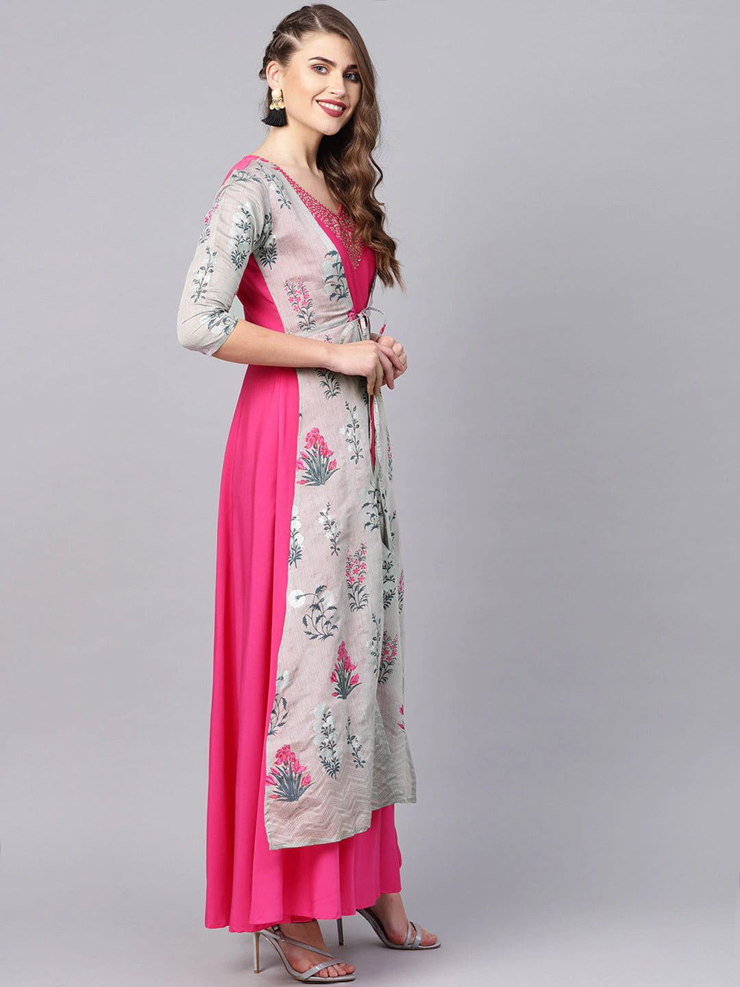 Women's Grey & Pink Floral Print Layered Anarkali Kurt