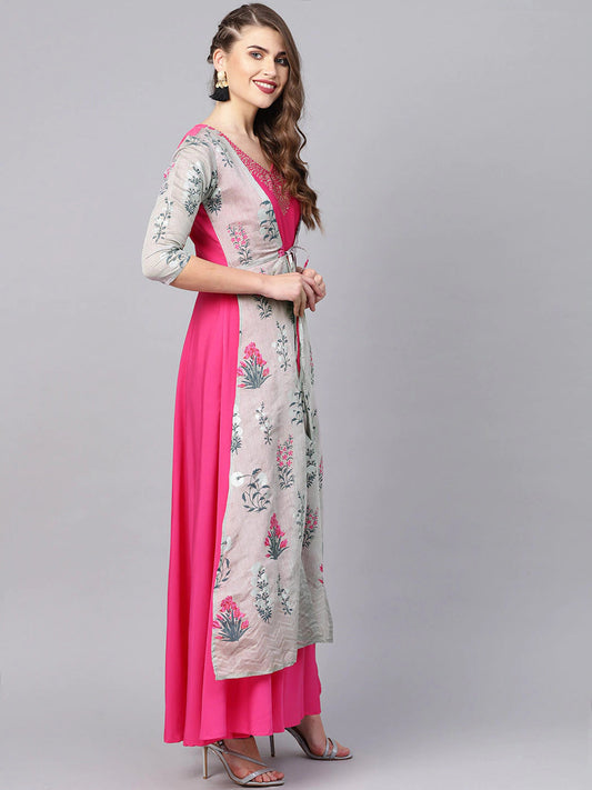 Women's Grey & Pink Floral Print Layered Anarkali Kurt