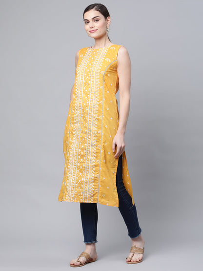 Women's Mustard Cotton Printed Kurta
