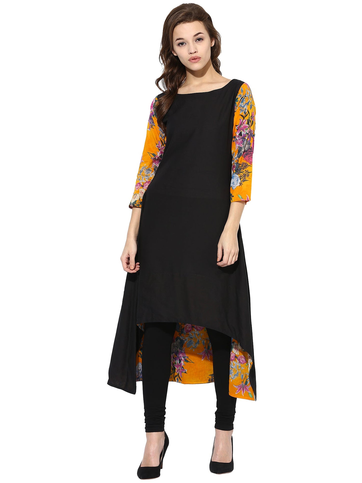 Women's Black Color 3/4Th Sleeve And Boat Neck Cotton Only Kurti