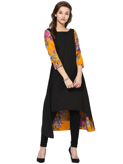 Women's Black Color 3/4Th Sleeve And Boat Neck Cotton Only Kurti