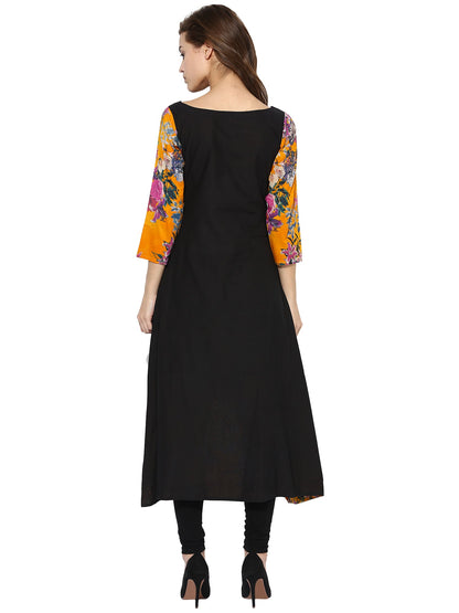 Women's Black Color 3/4Th Sleeve And Boat Neck Cotton Only Kurti