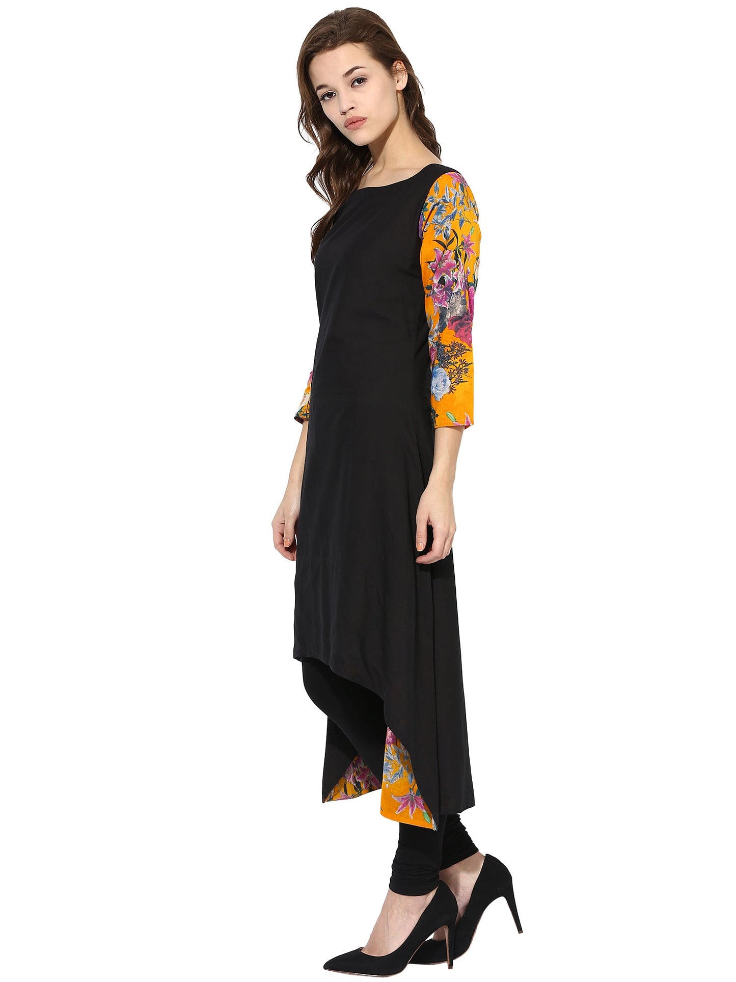 Women's Black Color 3/4Th Sleeve And Boat Neck Cotton Only Kurti