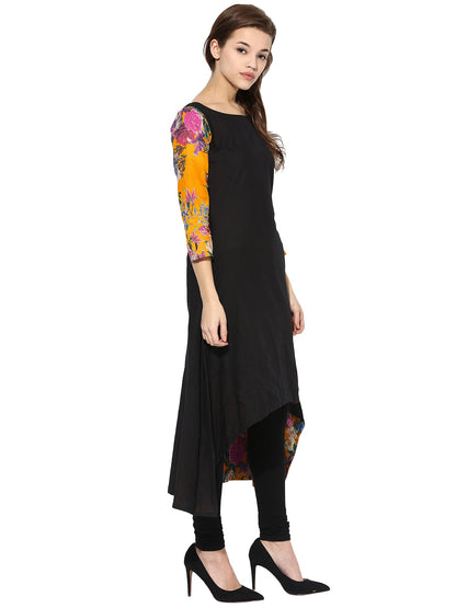 Women's Black Color 3/4Th Sleeve And Boat Neck Cotton Only Kurti