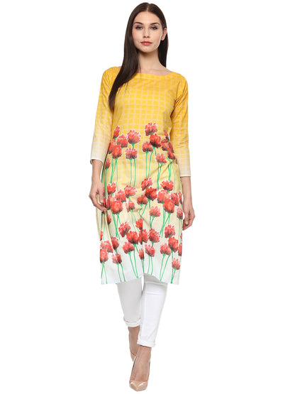 Women's Yellow And Red Cotton Floral Digital Only Kurti