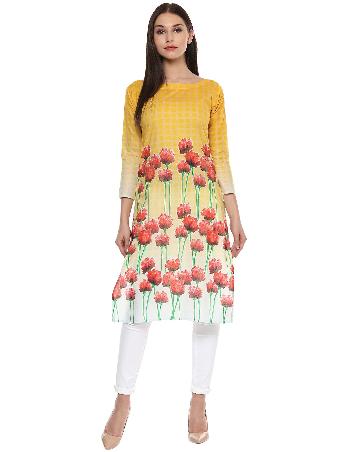 Women's Yellow And Red Cotton Floral Digital Only Kurti