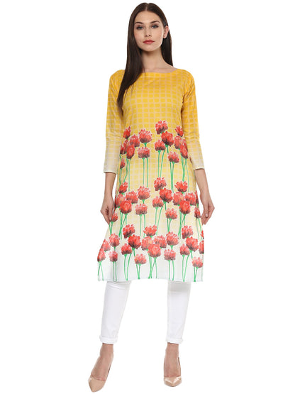 Women's Yellow And Red Cotton Floral Digital Only Kurti