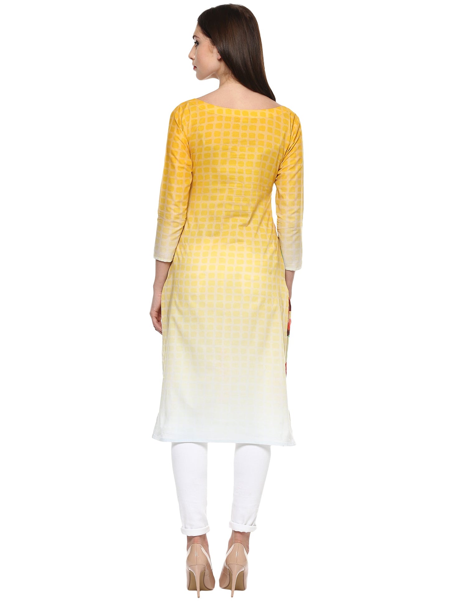 Women's Yellow And Red Cotton Floral Digital Only Kurti
