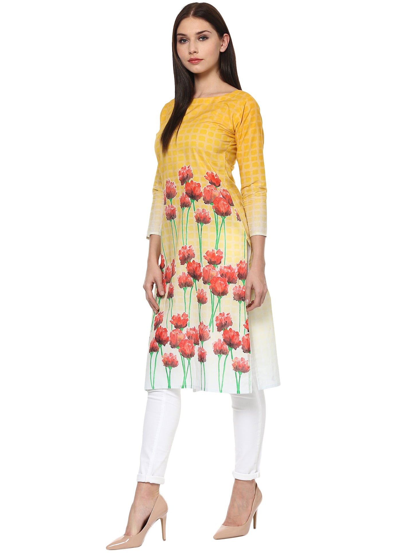 Women's Yellow And Red Cotton Floral Digital Only Kurti