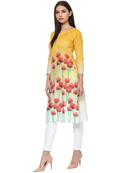 Women's Yellow And Red Cotton Floral Digital Only Kurti