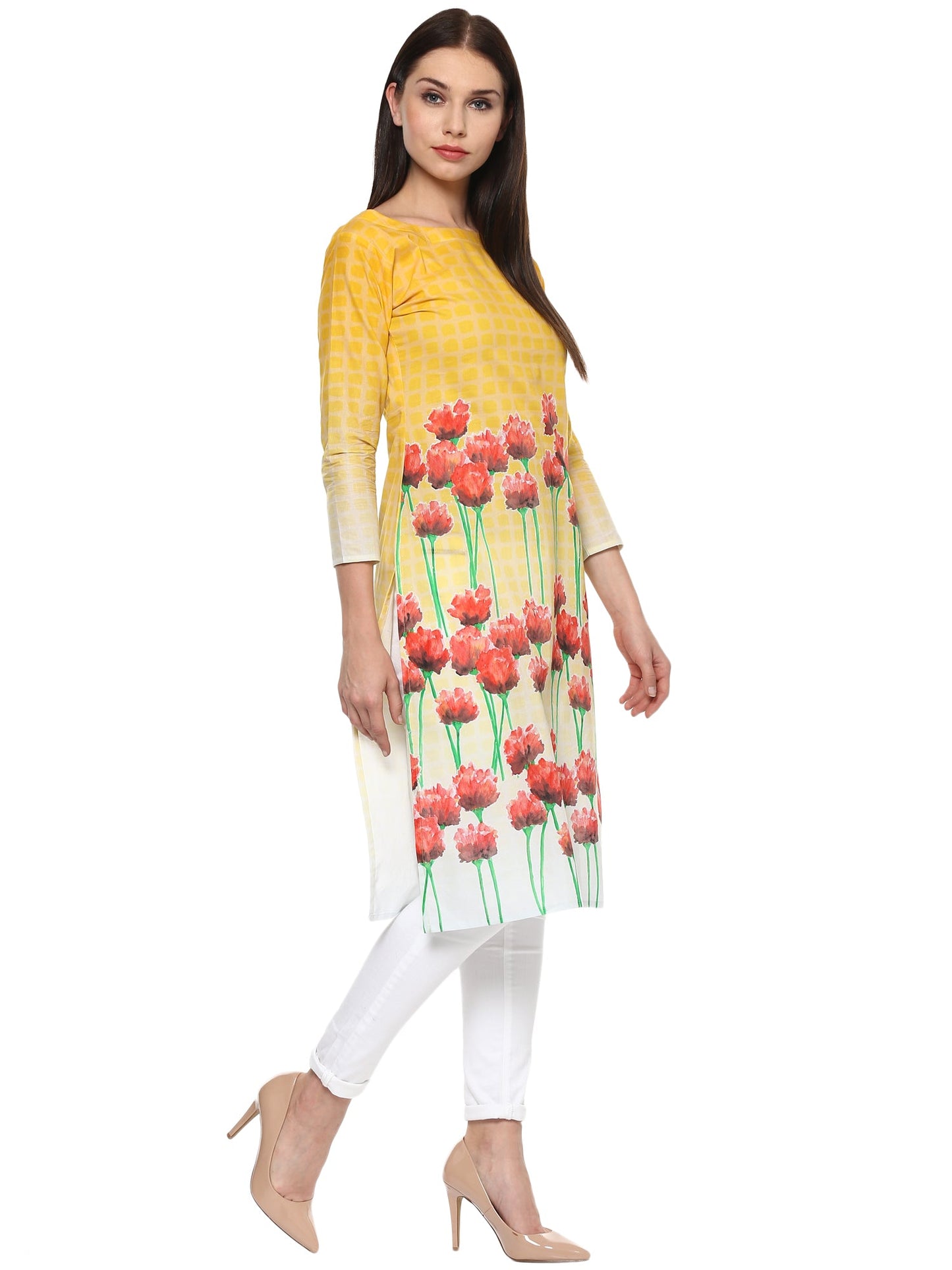 Women's Yellow And Red Cotton Floral Digital Only Kurti