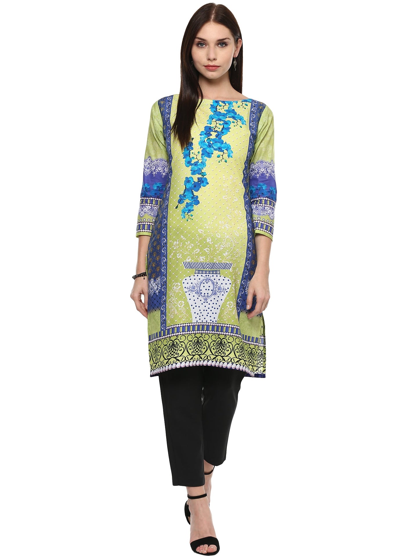 Women's Lemon Green Floral Pakistani Cotton Only Kurti