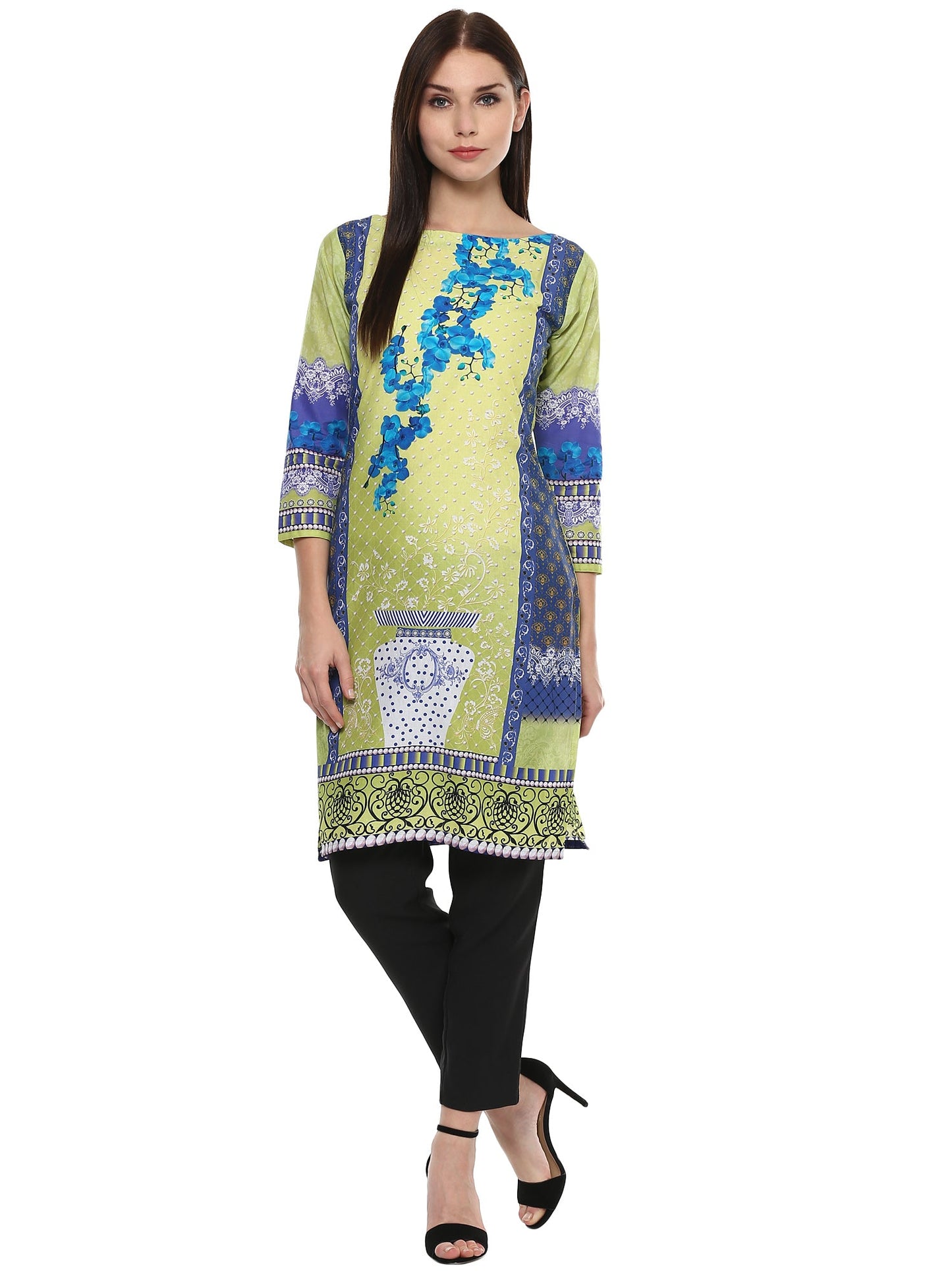 Women's Lemon Green Floral Pakistani Cotton Only Kurti