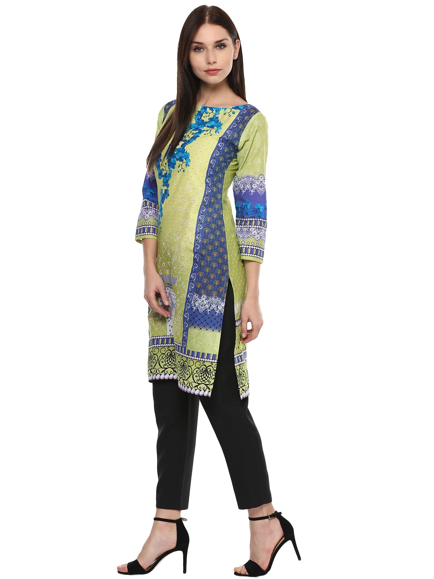 Women's Lemon Green Floral Pakistani Cotton Only Kurti