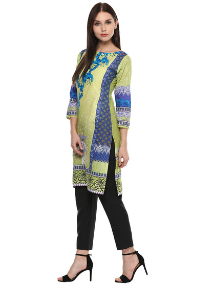 Women's Lemon Green Floral Pakistani Cotton Only Kurti
