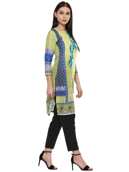 Women's Lemon Green Floral Pakistani Cotton Only Kurti