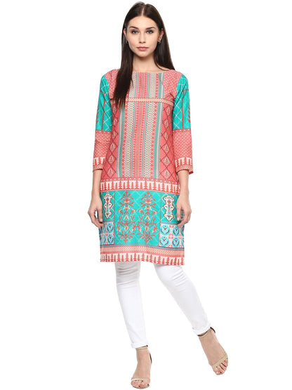 Women's Peach Sea Green Jaipur Print Cotton Only Kurti