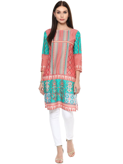 Women's Peach Sea Green Jaipur Print Cotton Only Kurti