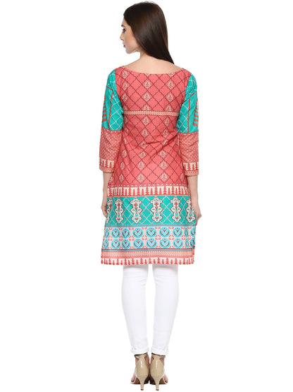 Women's Peach Sea Green Jaipur Print Cotton Only Kurti