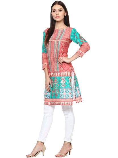 Women's Peach Sea Green Jaipur Print Cotton Only Kurti