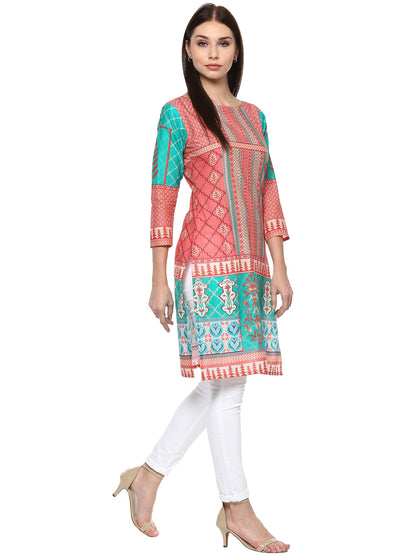 Women's Peach Sea Green Jaipur Print Cotton Only Kurti
