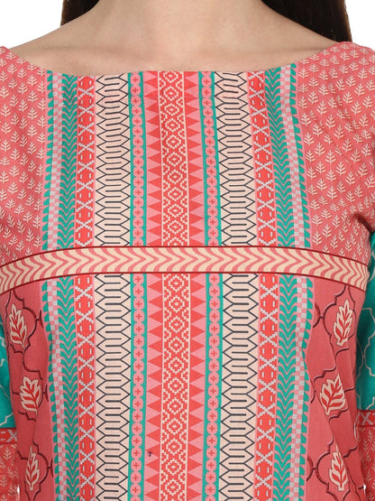 Women's Peach Sea Green Jaipur Print Cotton Only Kurti