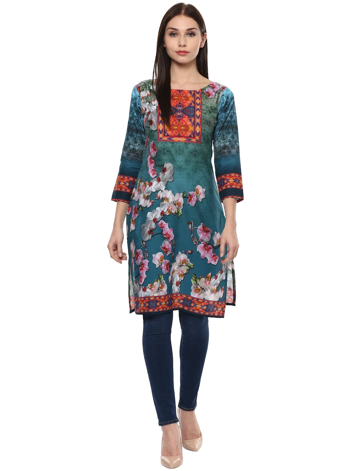 Women's Shades Of Blue Pakistani Style Floral Cotton Only Kurti