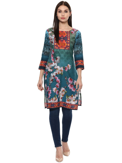Women's Shades Of Blue Pakistani Style Floral Cotton Only Kurti