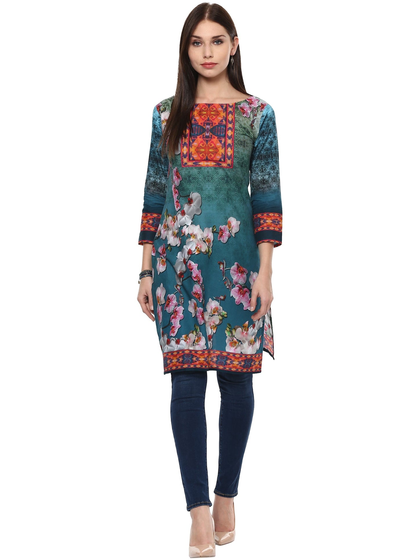 Women's Shades Of Blue Pakistani Style Floral Cotton Only Kurti