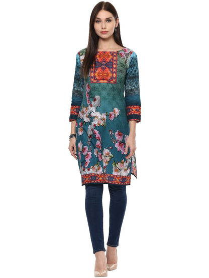Women's Shades Of Blue Pakistani Style Floral Cotton Only Kurti