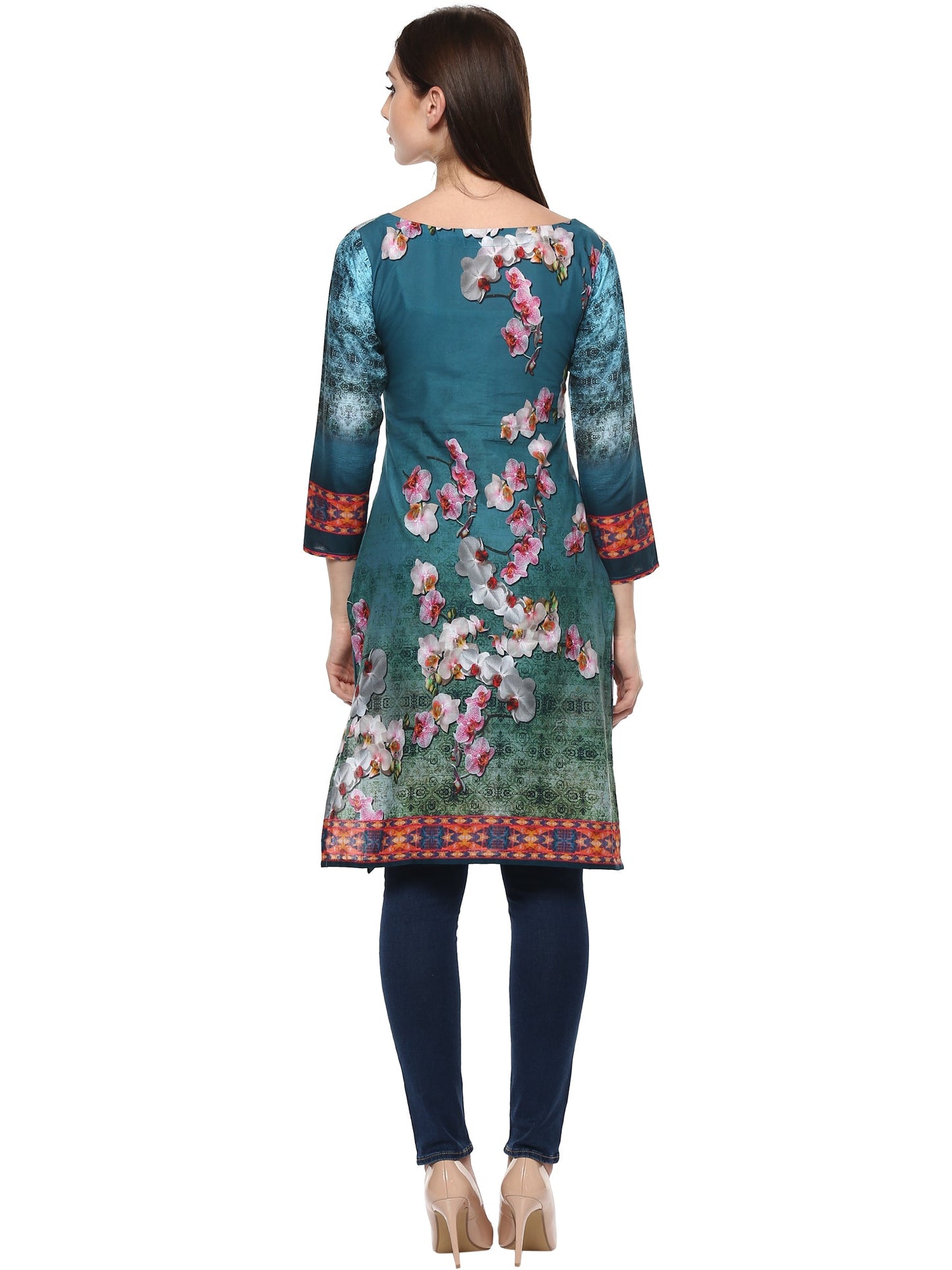Women's Shades Of Blue Pakistani Style Floral Cotton Only Kurti