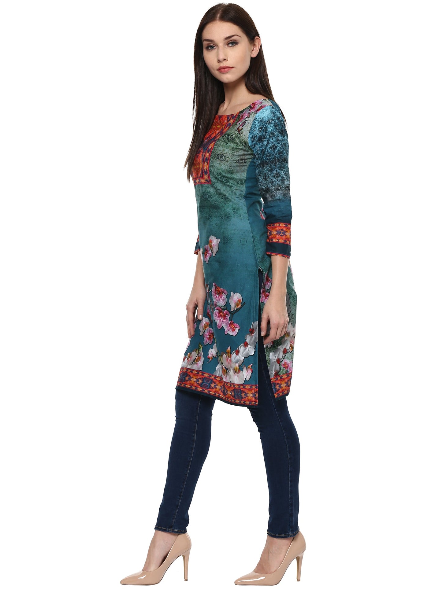 Women's Shades Of Blue Pakistani Style Floral Cotton Only Kurti