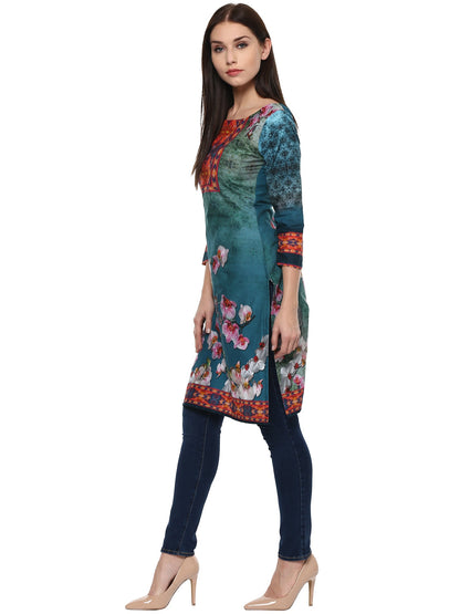 Women's Shades Of Blue Pakistani Style Floral Cotton Only Kurti